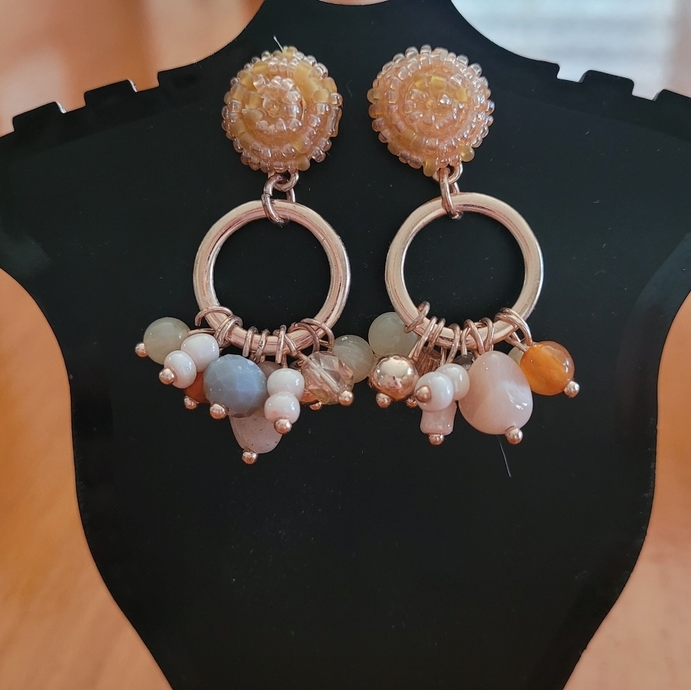 Gold Bauble Stone and Pearl‎ Dangle Earrings